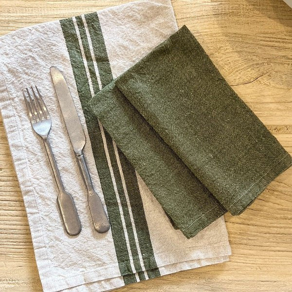 Stonewashed Linen Blend Tea Towel - Olive Stripe - Alpineabode